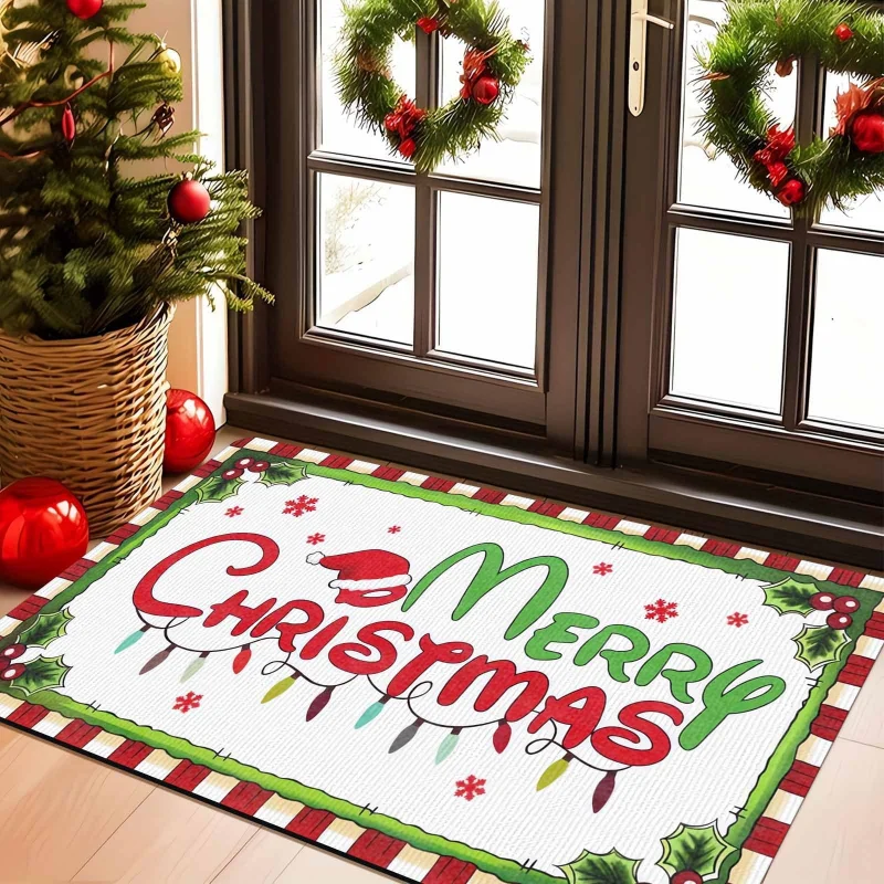 VIKAMA Red Plaid Truck Christmas Tree Door Mat Xmas Welcome Rug For Entryway Front Door Porch Indoor Outdoor Winter Home Decor