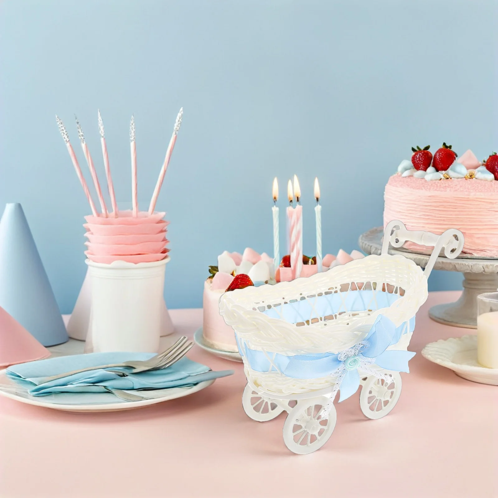 

2Pcs Imitation Rattan Candy Storage Cart Basket Kids Use Party Favor Baby Shower Gift Home Decor Baby Shower Decorations