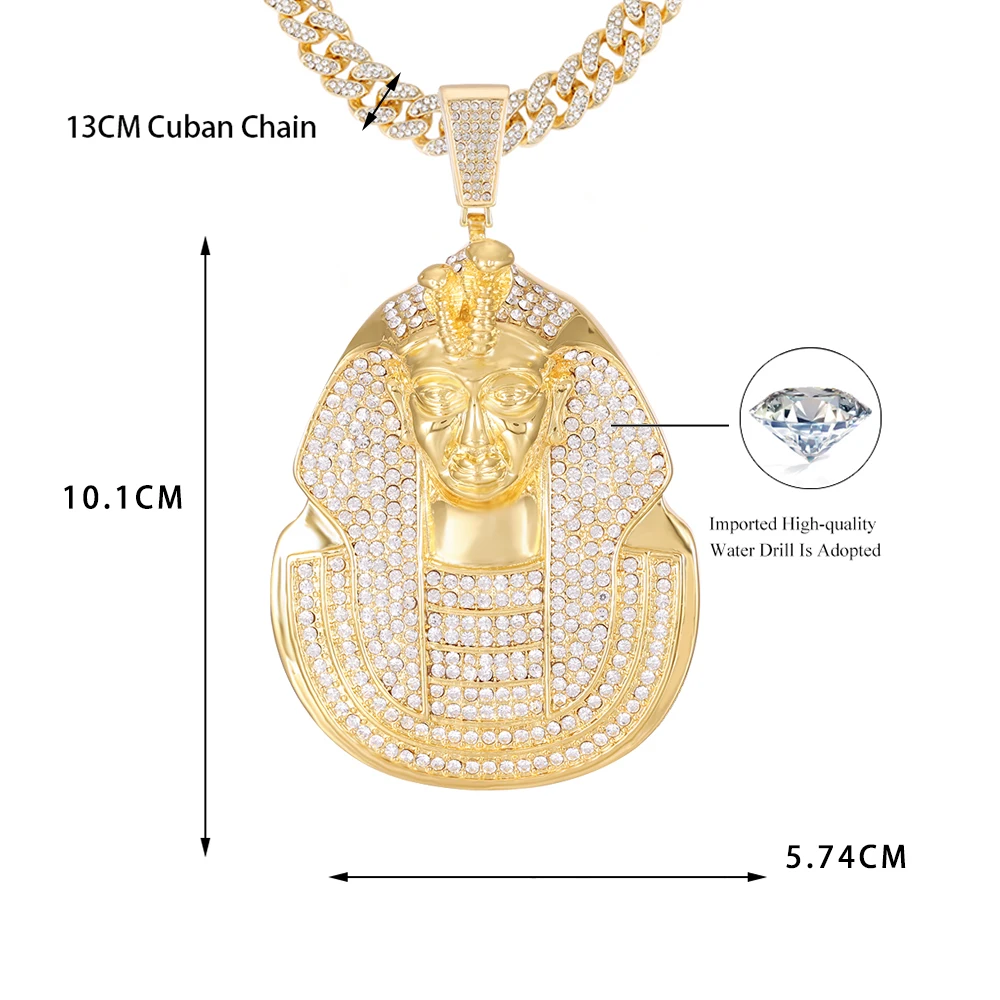 Hip Hop Popular Huge Pharaoh Head Pendant Necklace Men Iced Out Bling Crystal Charm Chain Pendants Jewelry Punk Cuba\'s Necklace