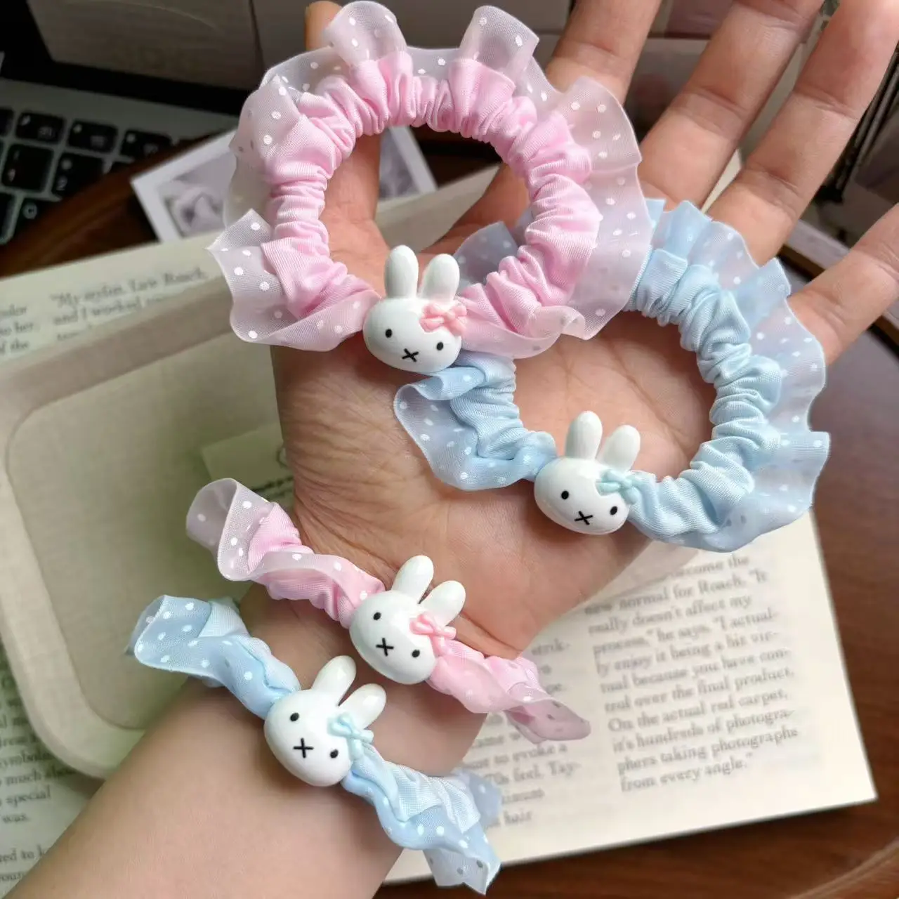 Kawaii Miffy Hair Clip Cute Cartoon Netted Lace Flowered Ribbon Big Hair Clip Ponytail Hair Elastic Simple Hairstring Accessory