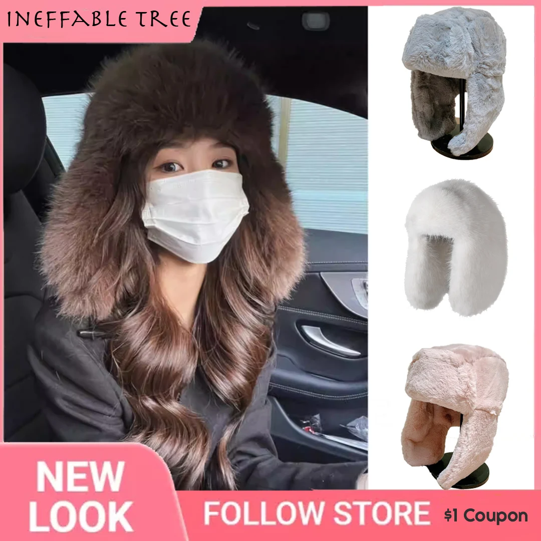 

Russian Women's Winter Thickened Warm Beanie Hats for Ushanka Earflap Pilot Korean Trend Fluffy Bomber Caps Adjustable Fur Hat