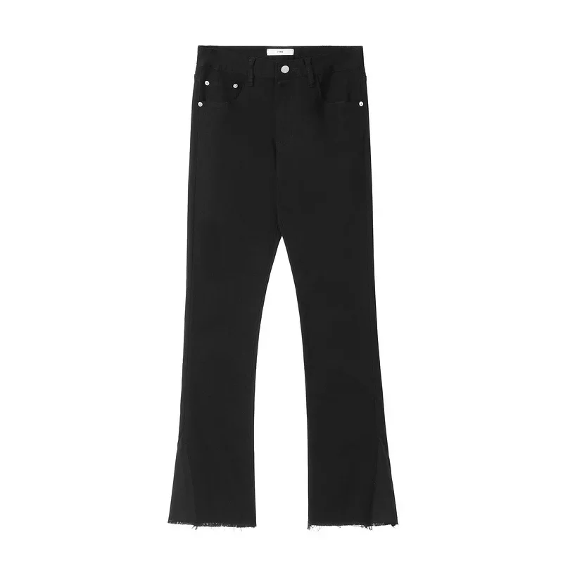 2025 Autumn New Flare Men Jeans Black Whisker Frayed Hem Casual Simple Long Pants