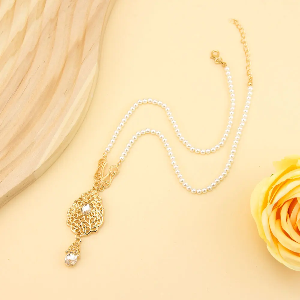 Sunspicems Chic Moroccan Style Gold Color Pendnat Necklace Hand Beads Chain For Women Hollow Arabesque Daily Leisure Jewelry