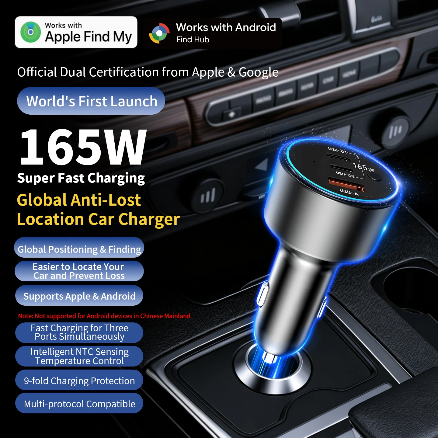 165W Car Charger USB Type-C with iPhone GPS Locator Tracker for Apple Find My App Android Phone Find Hub APP Anti-loss Locator