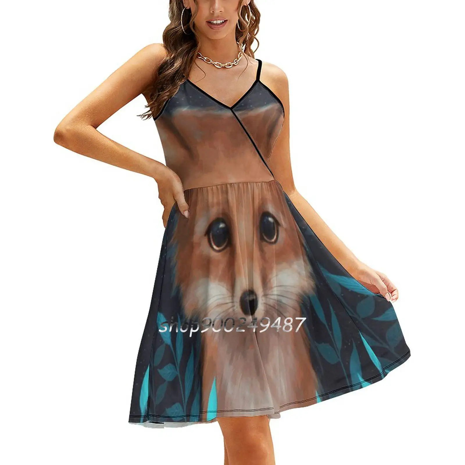 Fox Women Casual High Waist Mini Dress Short and Long Sleeve Dresses Fashion Dress Cute Kawaii Adorable Pet Animal Fox Wolf