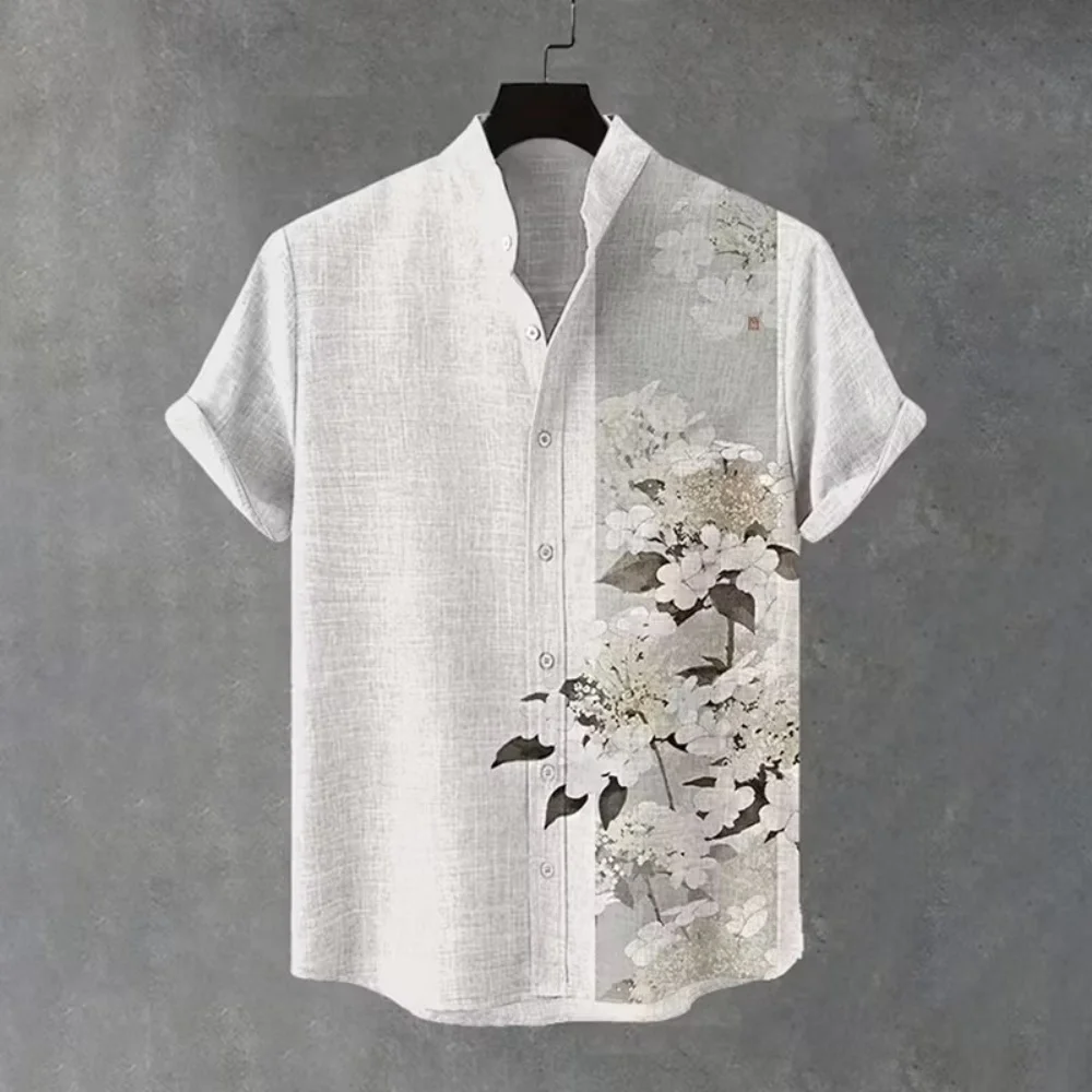 Unisex Retro Samurai Cat Monster Graphic Linen Shirts Men Japanese Style Stand Collar Short Sleeve Casual Button Down Blouse