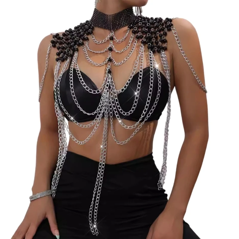 

Women Pearls Beaded Shoulder Chain Necklace Layered Metal Chain Tassels Body Jewelry Shawl Camisole Top Body Accessory