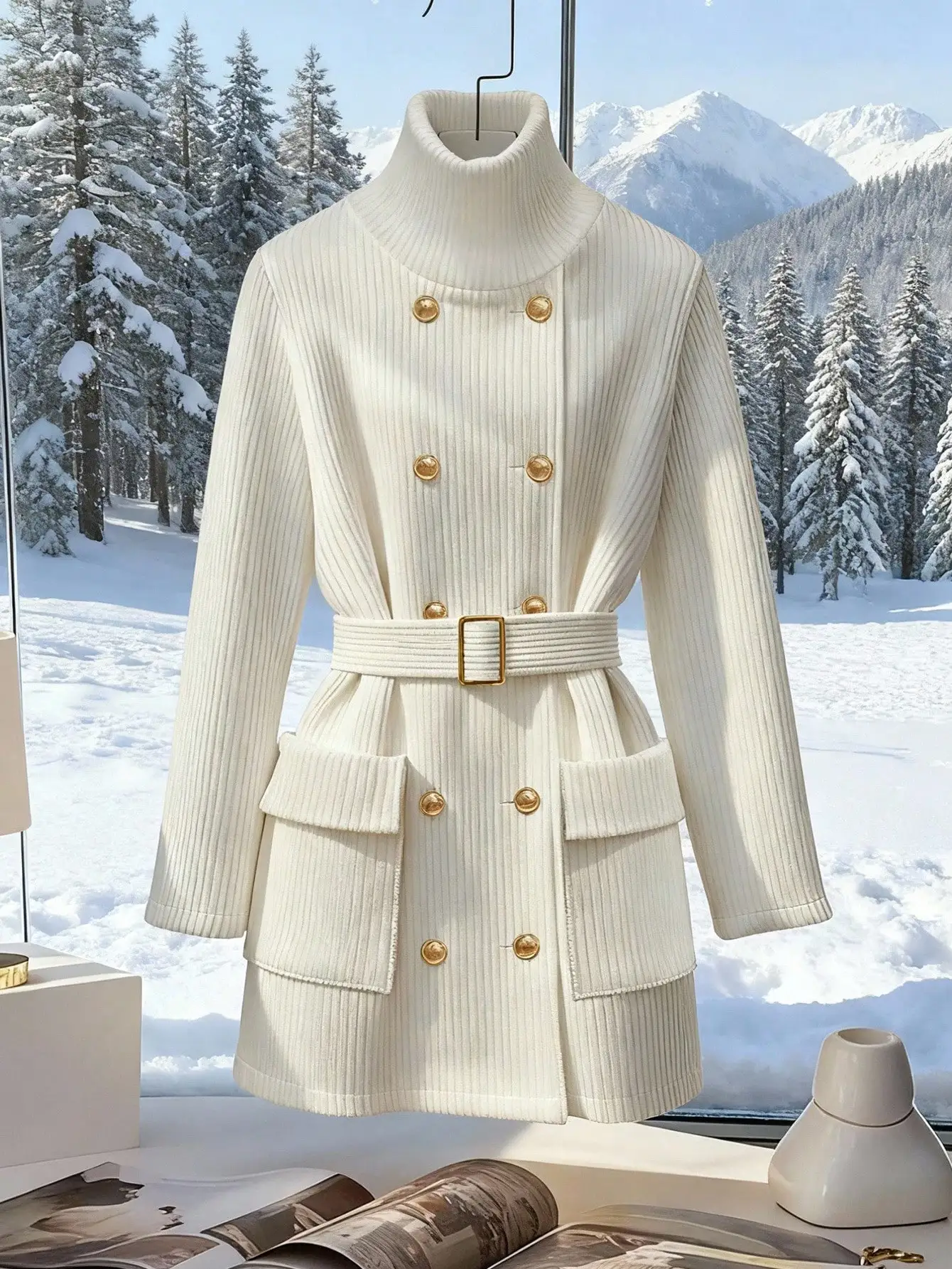 

Женская однотонная двубортная куртка с поясом, высоким воротником и длинными рукавами, классического кроя