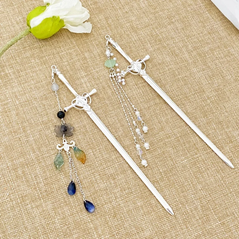 جديد النمط الصيني القديم السيف شرابة دبوس الشعر مع الراقية FeelHanfu أغطية الرأس الحصان الوجه تنورة تشيباو دبوس الشعر ملفوف دبوس الشعر