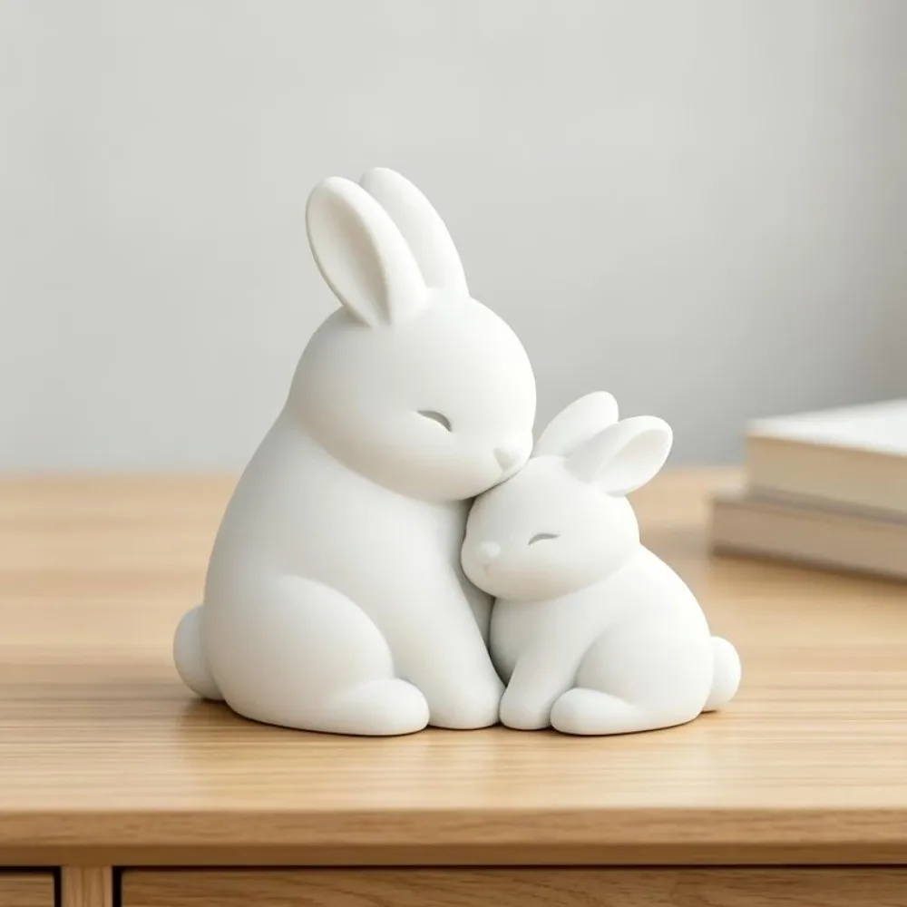 3D Printed Hugging Rabbits Ornament Artistic Fade-Resistant Cuddling Bunny Statue White Plastic Mother and Child Bunny Figurine