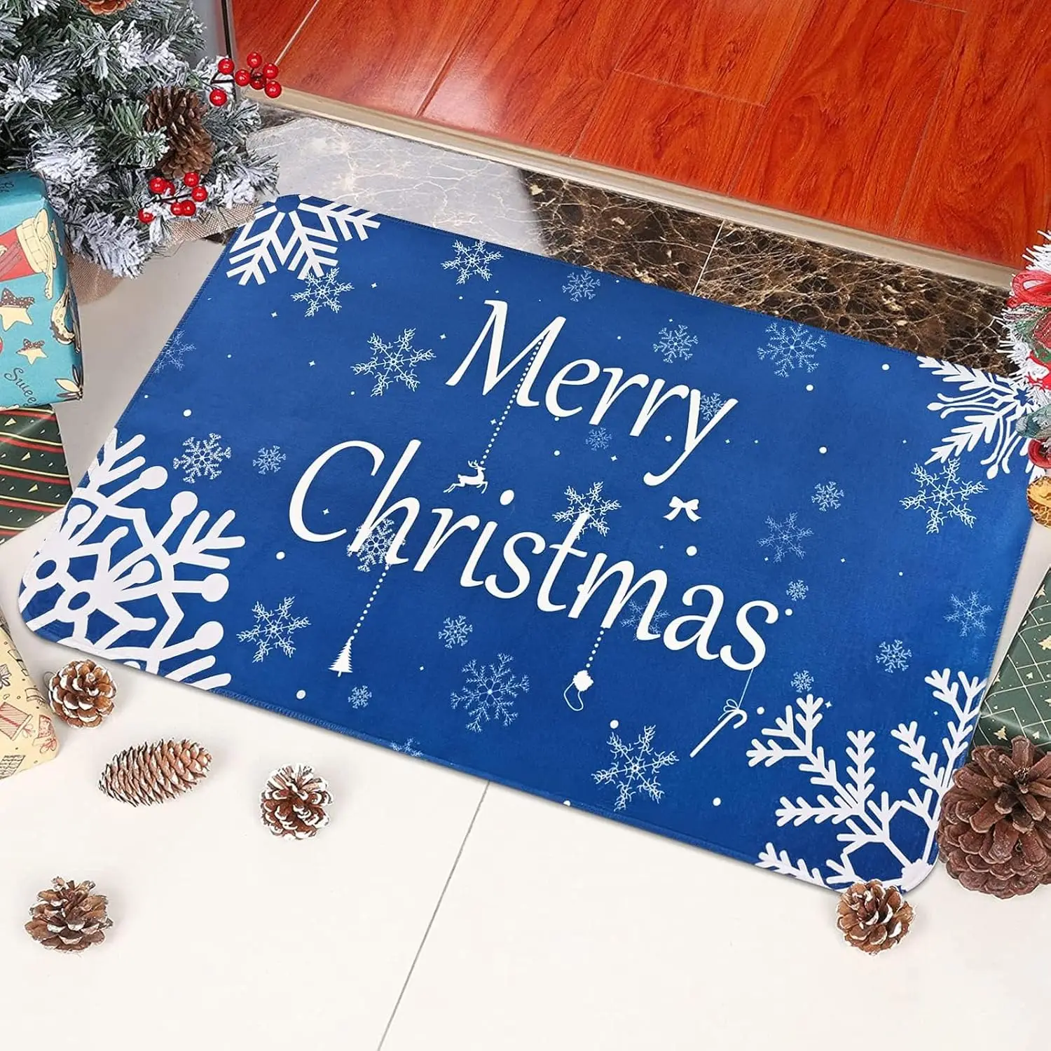 

Blue Snowflake Christmas Themed Soft Carpet Bathroom No-silp Doormat Suitable for Livingroom Entrance Decorative Accessories Pad