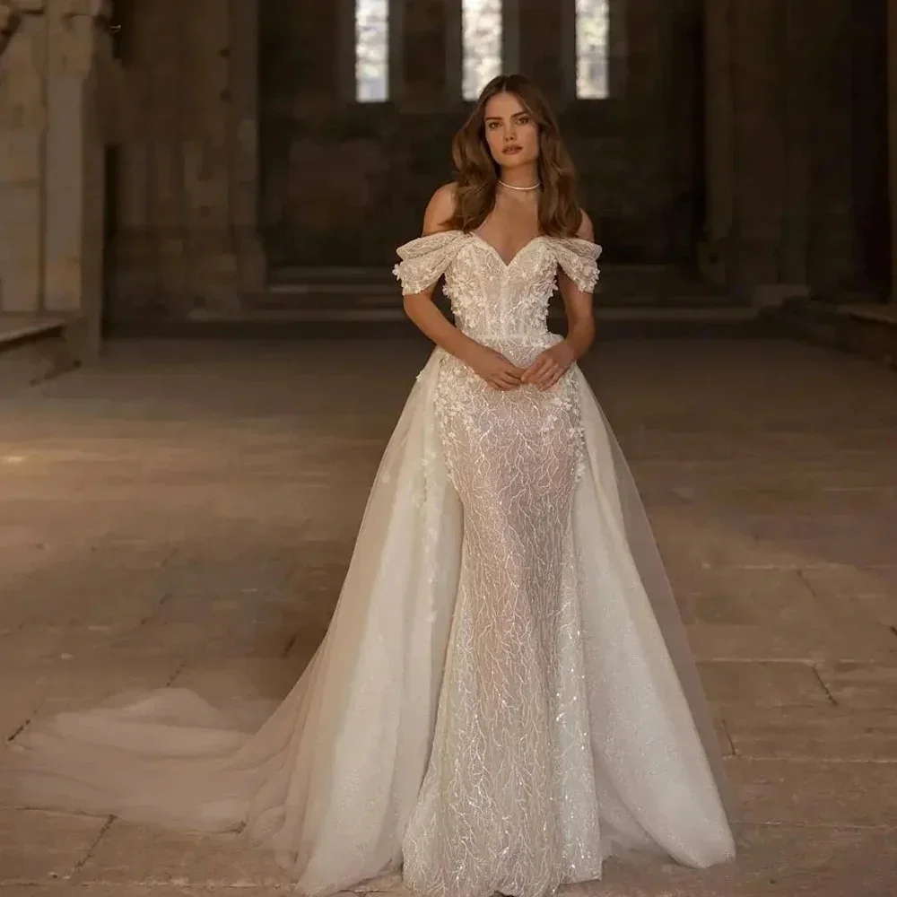 Elegant Sweetheart Mermaid Wedding Dress Sparkling Off Shoulder Detachable Train Robe Bohemian Wedding Dress Customization