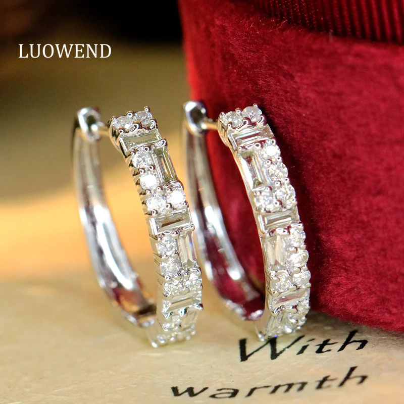 

LUOWEND 100% 18K White Gold Earrings Luxury Design 0.76carat Real Natural Diamond Hoop Earrings for Women High Party Jewelry