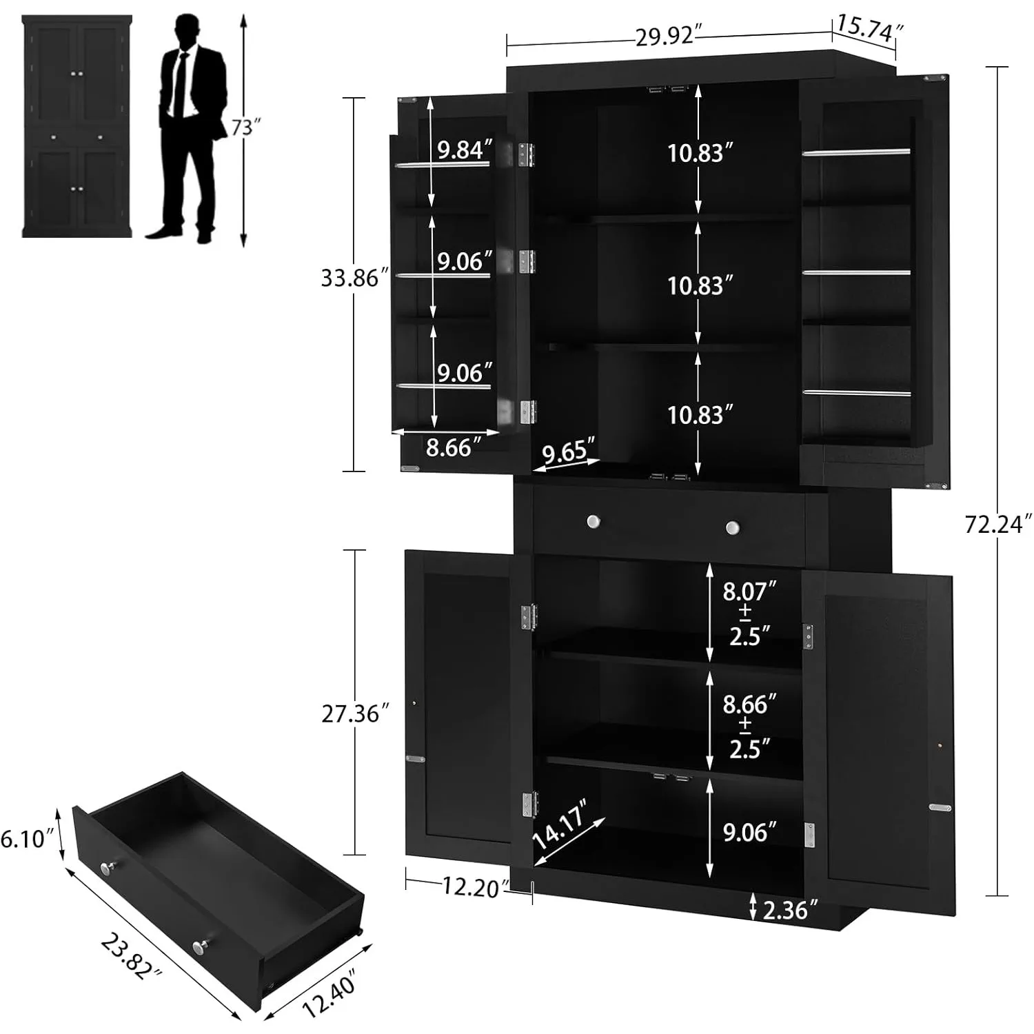 Gabinete de despensa de 72 pulgadas, gabinete de almacenamiento alto con 6 estantes colgantes y 1 cajón grande, gabinete de despensa de cocina con estante ajustable