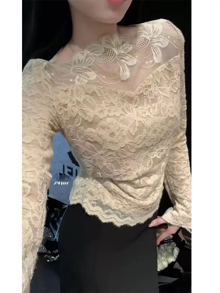 

Women's Long Sve Lace irt Me Splicing Hollow out Base irt Top Korean Sle Slim Fit round Ne Plant Floral Print