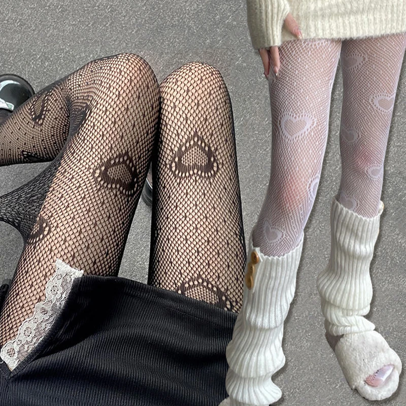 Women Sexy Nylon Sheer Pantyhose Sweet Heart Black Fishnet Stockings Tights Lolita Spider Web Floral Lace Panty Hose Plus Size