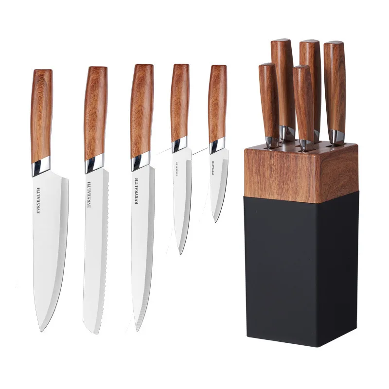 6 PCS Knife Block Set High Carbon Stainless Steel with Wood-Pattern PP Handle Kitchen Knives Kit