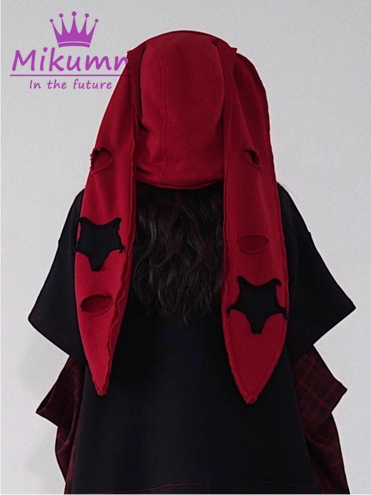 Mikumn Gothic Grunge Black Red Star Love Metal Buckle Broken Hole Long Rabbit Ear Hat Punk Chic Hooded Design Accessory Caps