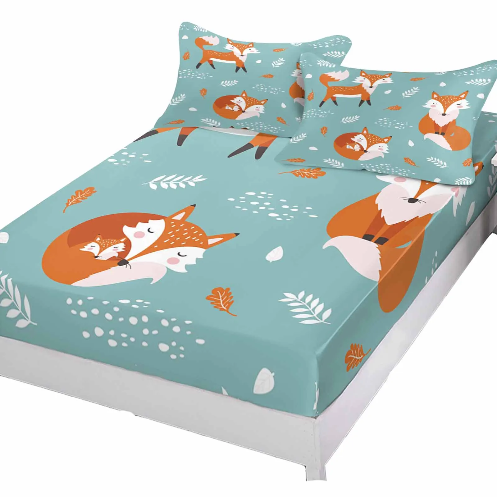 Fox Leaves Polka Dot Cartoon Queen Size Bed Mattress Fitted sheet Elastic Rubber Band Non-slip Bed Sheet Pillowcase Set