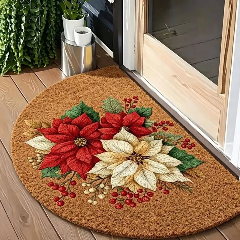 VIKAMA Semicircle Xmas Doormat Poinsettia Holly Berry Candy Cane Non Slip Entryway Mat For Front Door Holiday Home Decoration
