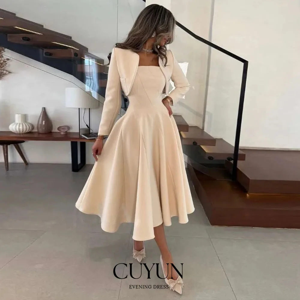 

CUYUN Скромные вечерние платья трапециевидной формы по индивидуальному заказу с жакетом и квадратным воротником длиной до середины икры, свадебное платье на молнии сзади