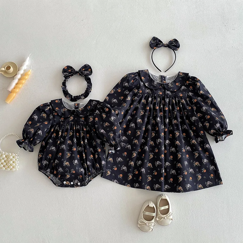 Little Sister Big Sister Floral Outfit Baby Girl and Sister Matching Clothes Newborn Toddler Bodysuit Children Long Sleeve Dress