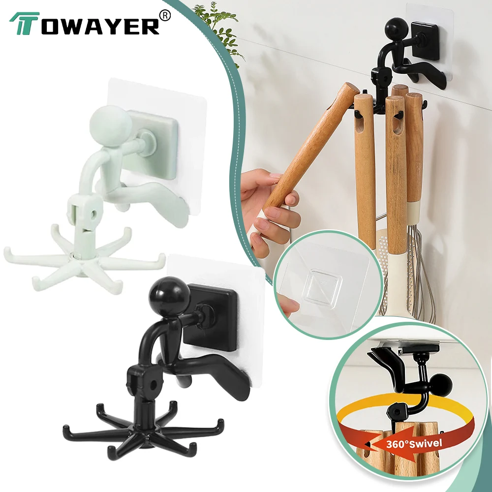 Kitchen Storage Hook Punch-free Storage Rack 360-degree Rotatable Six-claw Storage Hooks Bathroom Bath Towel Rack Organizer