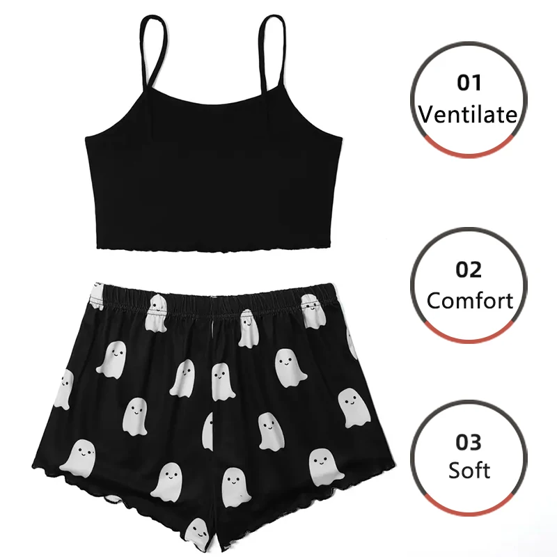 Women Pajamas Sleepwear Pajama Set Sports Camisole And Shorts S M L Black Cartoon Print Print Ventilate Casual Soft