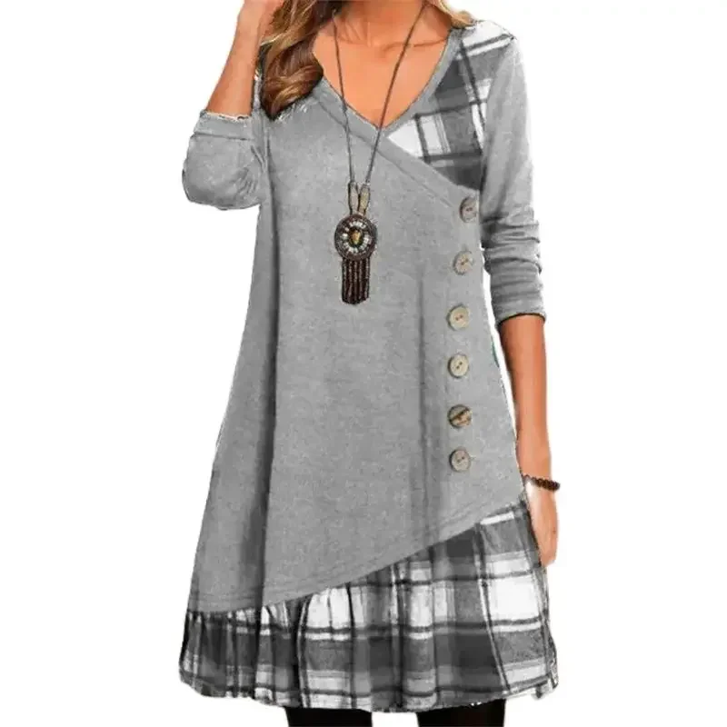 

Women Single-breasted Decoration Dresses Elegant Commuter Plaid Dress Autumn Daily Long Sleeve Gown Female V Neck Pullover Frock