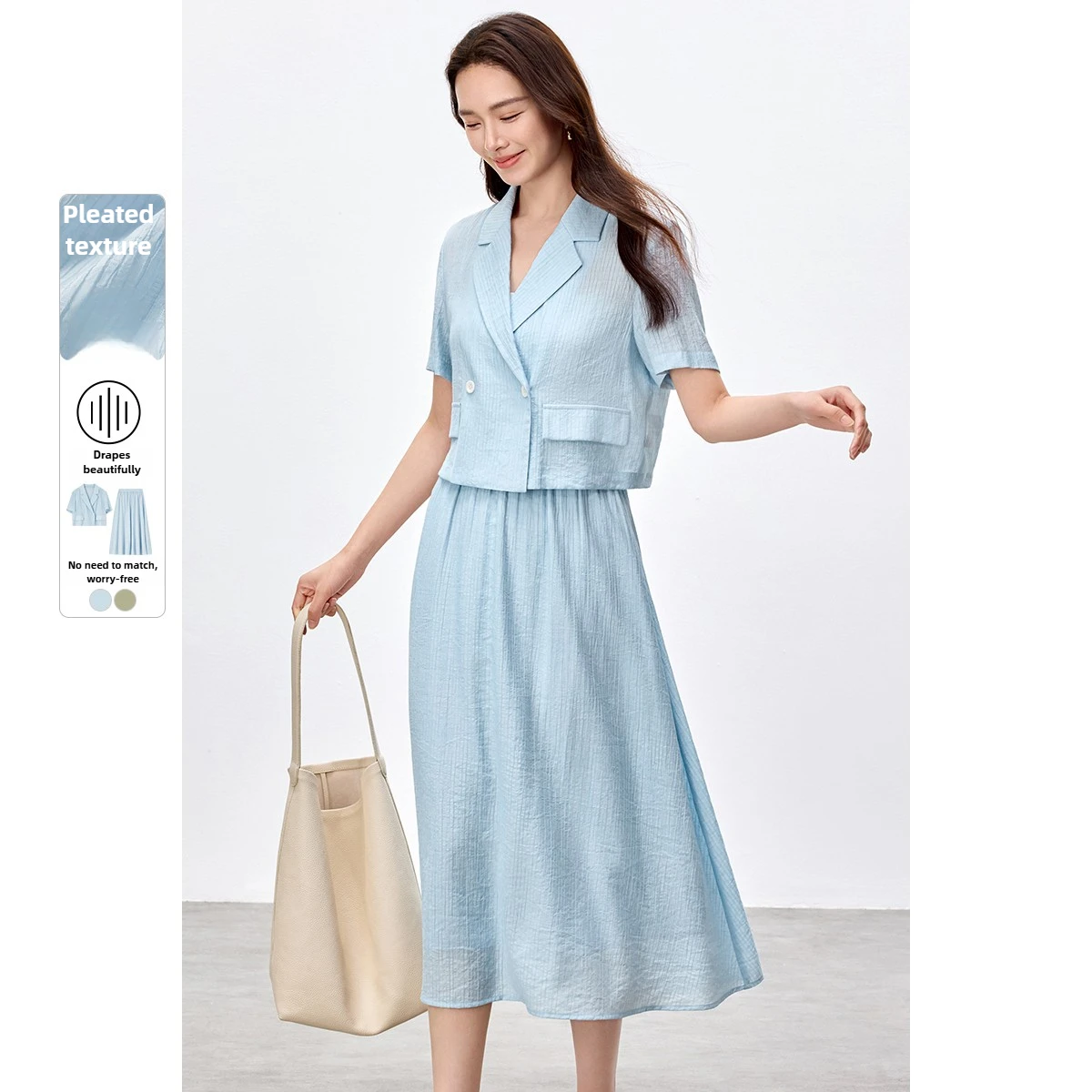 SENTUBILA Women's Two Pieces Skirt Set Summer 2026 Commuter Blue Matching Sets Short Sleeve Shirt Elastic Waist Skirt 152Z59230
