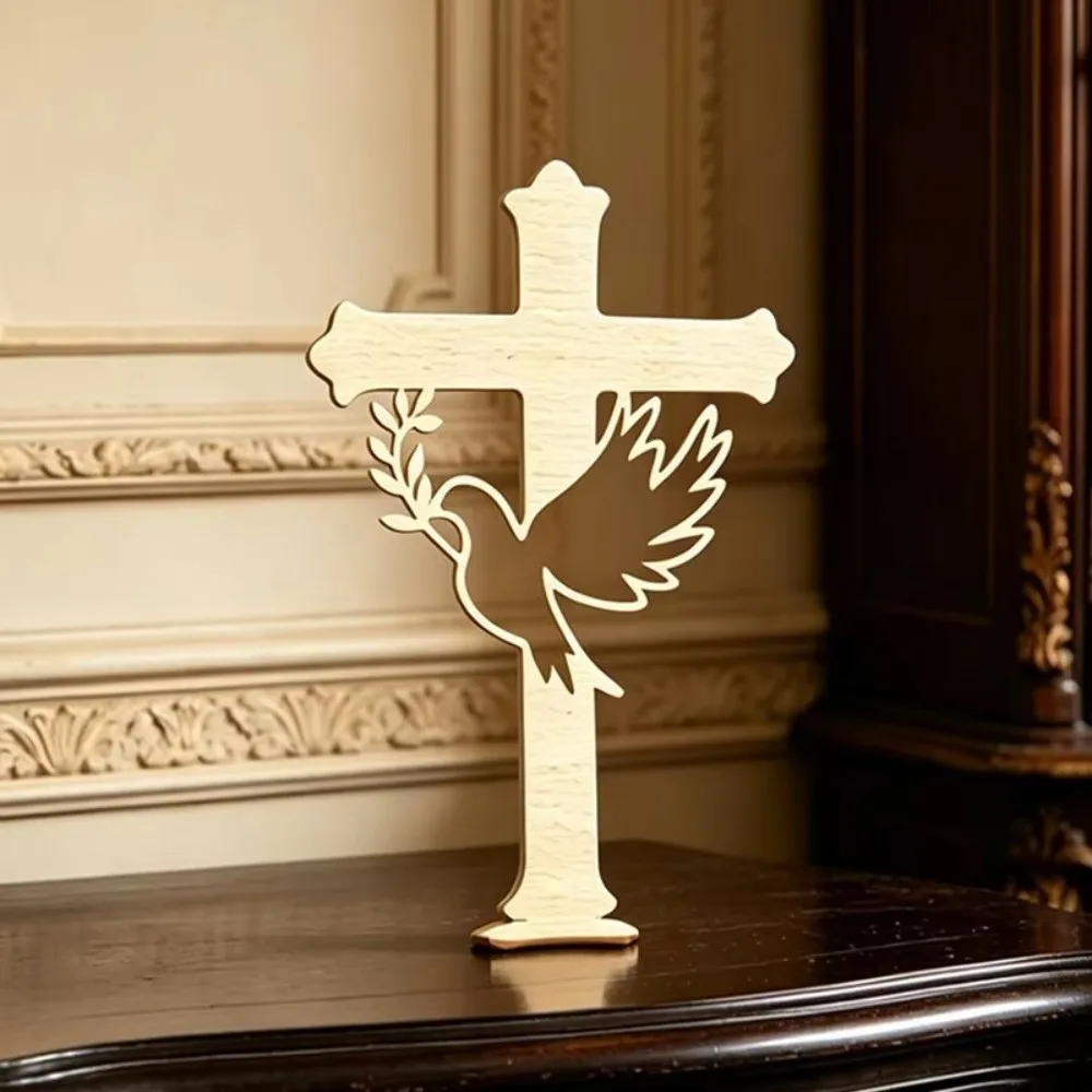 10Pcs Decorative Cross Wooden Peace Dove Cross Wood Hollow Dove Cross Decorative Figurine with Base Craft Style