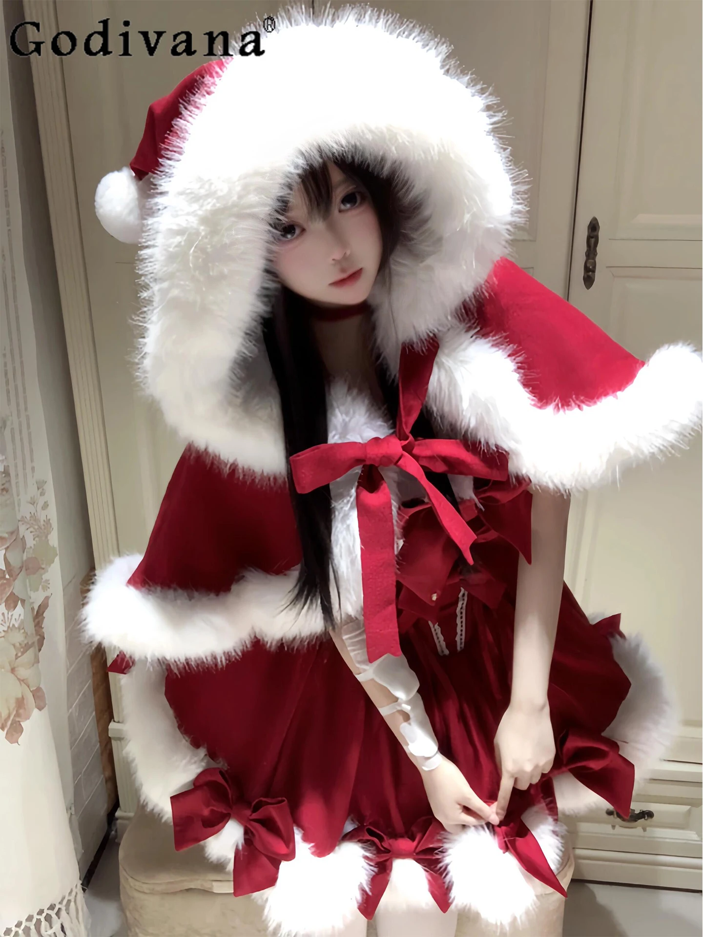 

2025 Winter New Christmas New Year Red Cape Dress Set Japanese Original Heavy Craft Lolita Princess Style Puffy Two-Piece Set