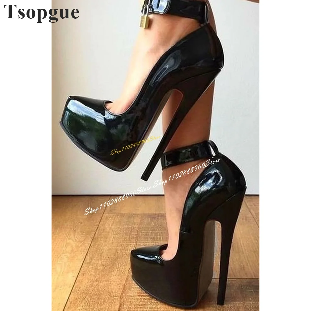 

Patent Leather Black Metal Lock Platform Pumps Thin High Heel Women Shoes Ankle Lock Strap Pointed Toe 2024 Zapatos Para Mujere