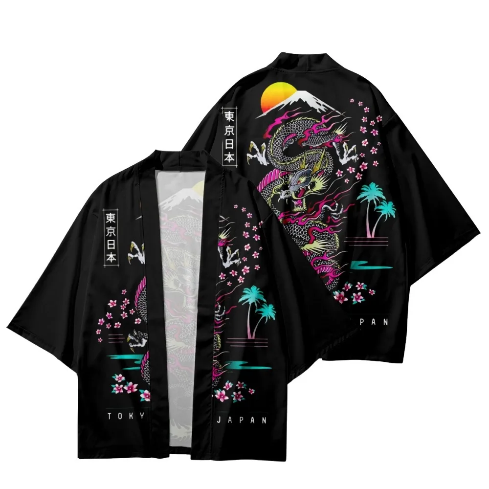 

Vintage Ukiyo-e Dragon Print Traditional Japanese Kimono Men Women Beach Yukata Streetwear Black Cardigan Cosplay Haori Coat