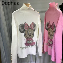 Heavy Embroidery Hot Drilling Sweaters Women Autumn Winter Thickening Turtleneck Cute Cartoon Thermal Long-Sleeved Sweater Top