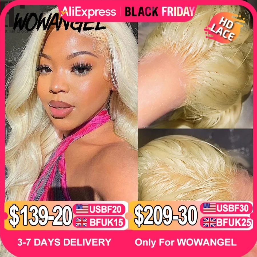 Wow Angel Real HD peluca Frontal de encaje 250% 13x4 HD peluca de cabello humano Frontal de encaje 613 pelucas onduladas de cuerpo rubio HD peluca con cierre de encaje sin pegamento