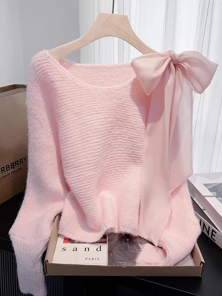

Women's O Neck Sweet Bow All Match Sweater 2026 Autumn Korean Fashion Knitted Pullover Solid Color Batwing Sleeve Loose Jumper