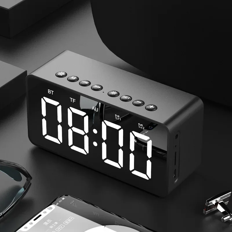 FM Alarm Clock, Bluetooth LED Display Time Clock Speaker, Mini Mirror Gift, Card Insertion Annual Meeting Gift Bluetooth Speaker