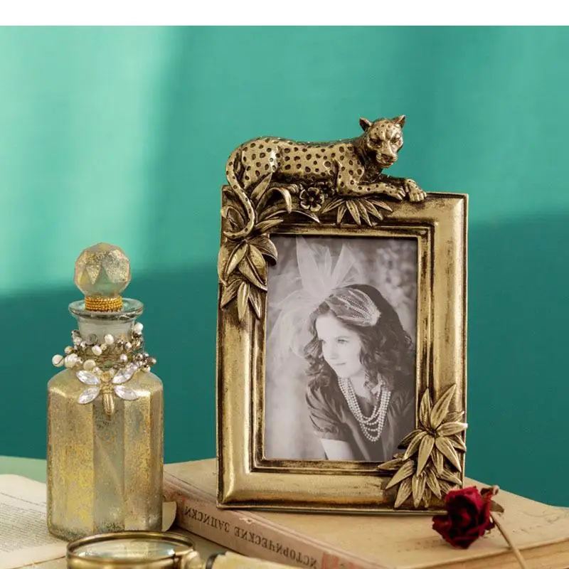 6/7 Inch Leopard Decorative Border Photo Frame Gold Frames for Pictures Nightstand Tabletop Family Portrait Ornaments Home Decor