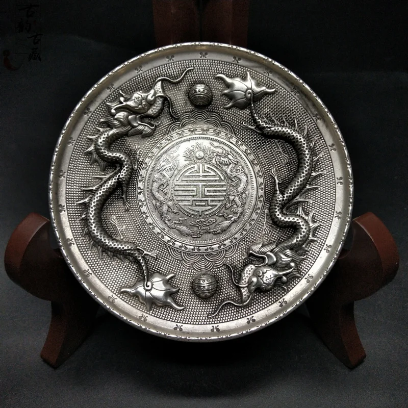 Antique Plate Copper Wire Copper Dish Antique Collection Antique Zodiac Dragon and Phoenix Plate Decoration Tea Plate