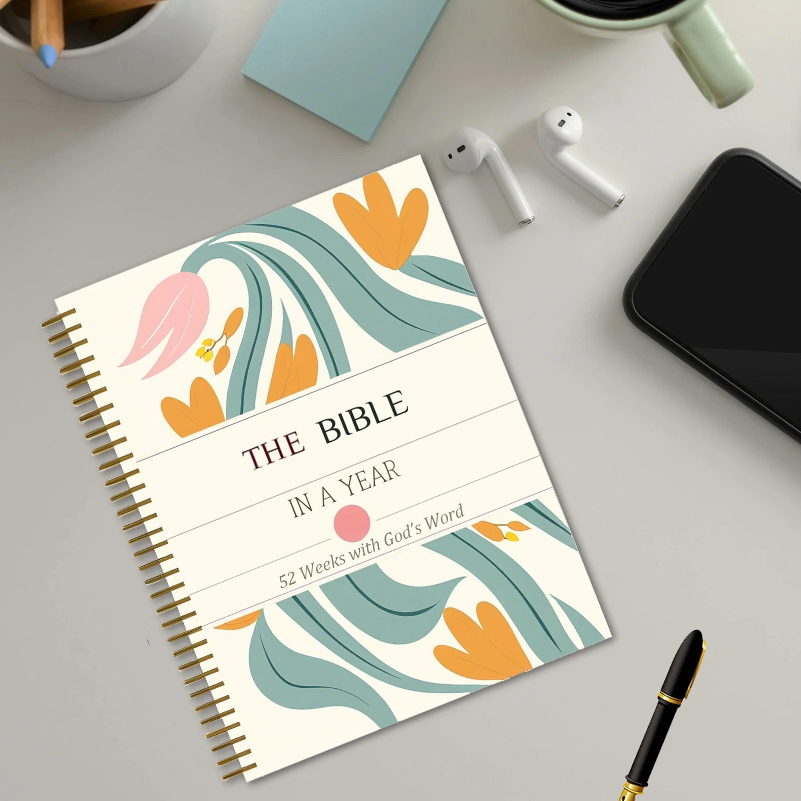 دليل دراسة الكتاب المقدس الحلزوني لمدة 52 أسبوعًا - مساحة القراءة والملاحظات اليومية، تصميم زهور الباستيل الرائعة هان الروحي المسيحي