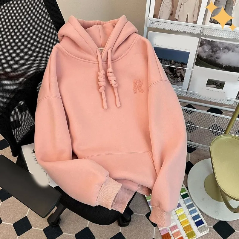 Fluweel verdikt sweatshirt met capuchon en capuchon Herfst en winter Middellange warme effen kleur Veelzijdige top