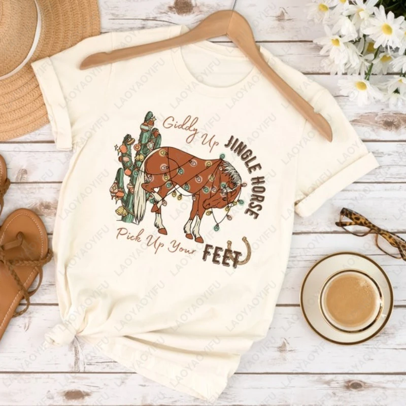 Cowboy Christmas Giddy Up Jingle Cotton Tops Horse Pick Up Your Feet Howdy Country Tshirt Cowgirl Men Women All Match Pair Tees