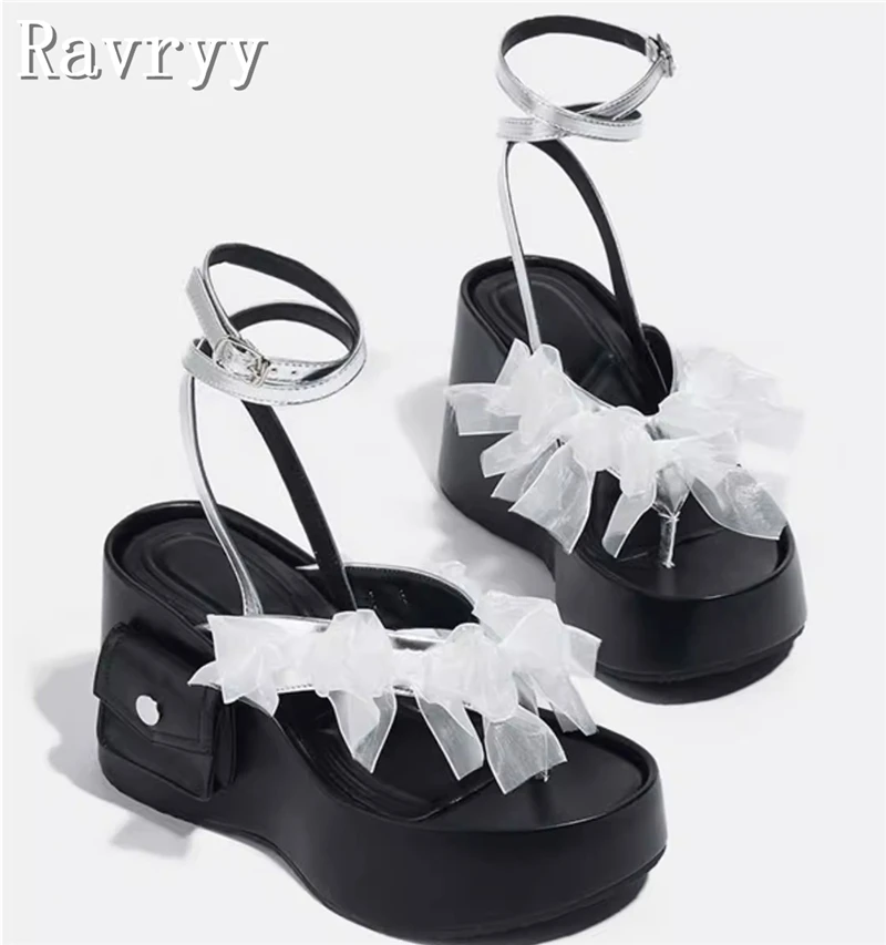 

Дизайнерские новые женские сандалии на толстой подошве с сетчатым верхом и бантом-бабочкой, летние модные туфли на платформе с ремешком на щиколотке, на высоком каблуке