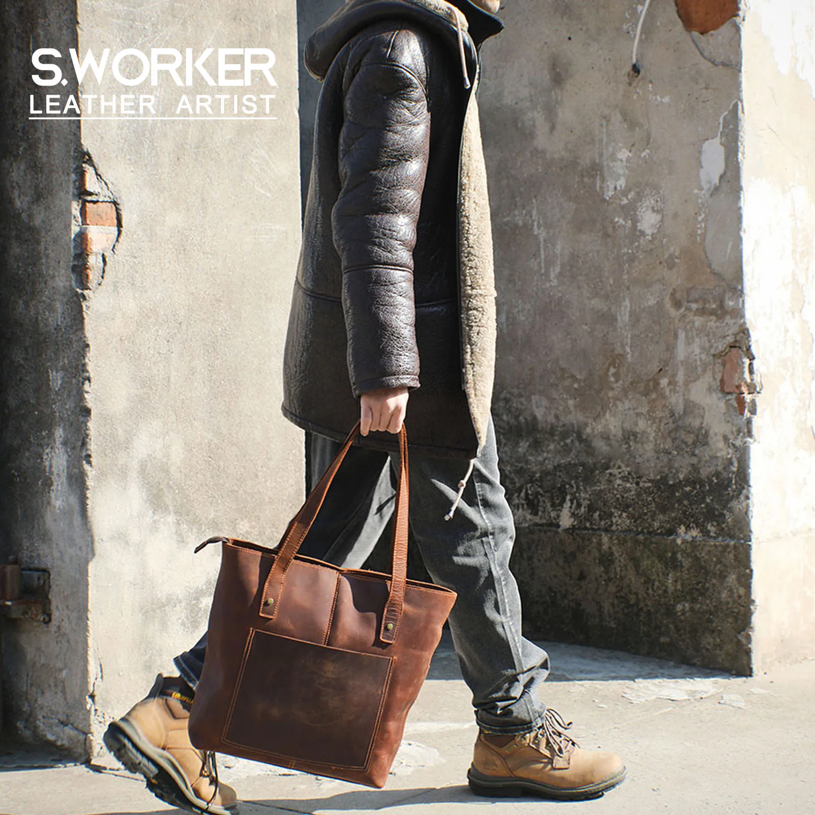 S.WORKER Vintage-Aktentasche aus hochwertigem Leder für Herren, Business-Handtasche, Laptoptasche, Unisex-Einkaufstasche mit großem Fassungsvermögen – Detail 2