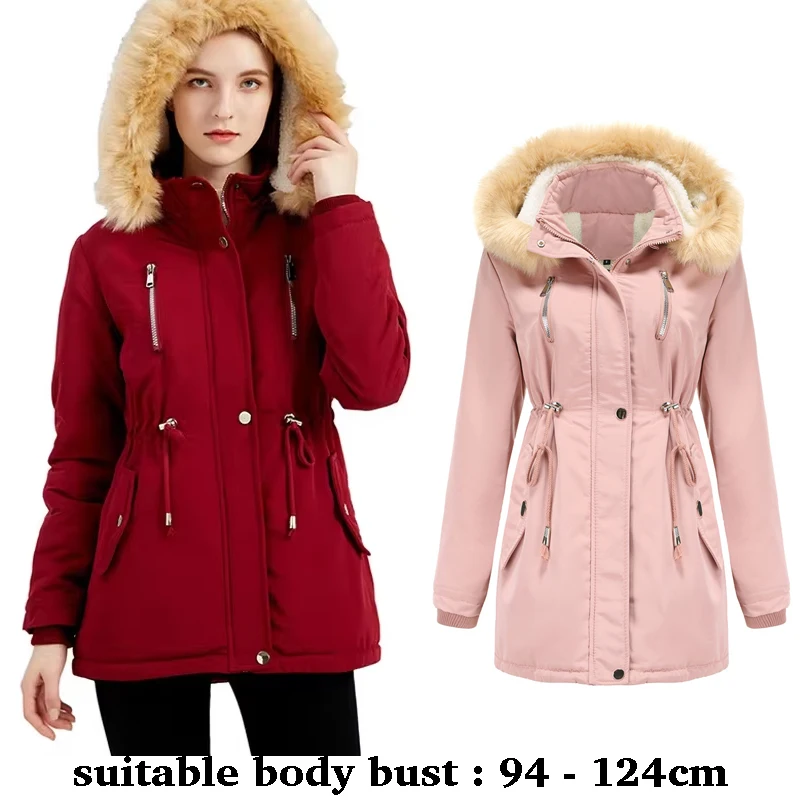 

Высококачественный плащ с капюшоном из искусственного меха для женщин, большой размер, плюшевая подкладка, новая зимняя повседневная одежда 2025 года - черный, красный, зеленый