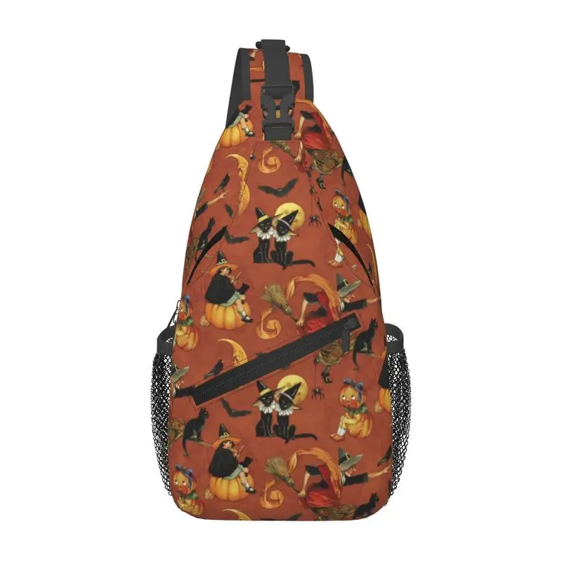 

Custom Halloween Black Cats Witches Pumpkins Sling Chest Bag Casual Shoulder Crossbody Backpack for Men Cycling Camping Daypack
