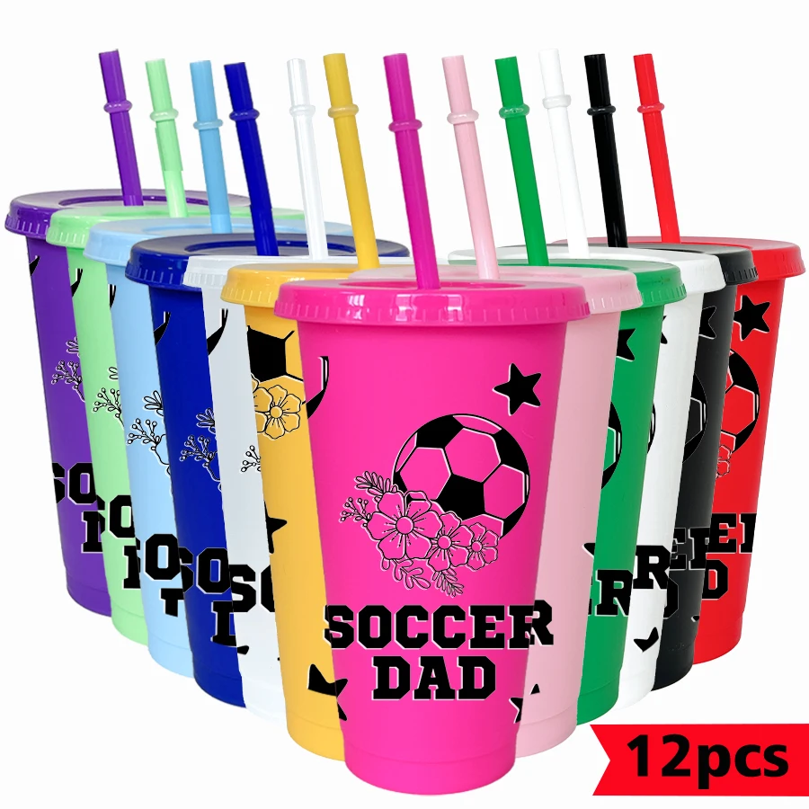 12pcs/set Football Flower Pattern 26oz Colored Plastic Party Cold Cup Back-to-school Birthday Gift Gameday Drinkware