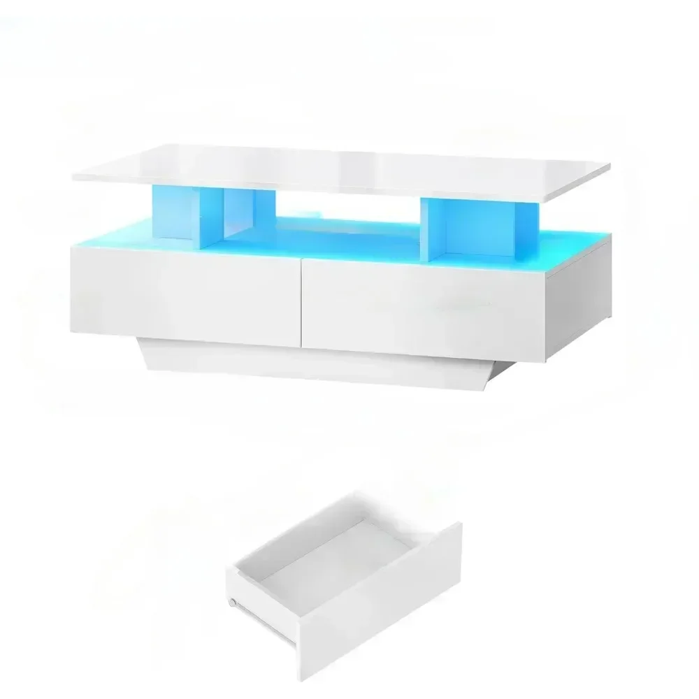 

High Glossy LED Coffee Tables for Living Room, Center Table with Open Display Shelf & Sliding Drawers, White