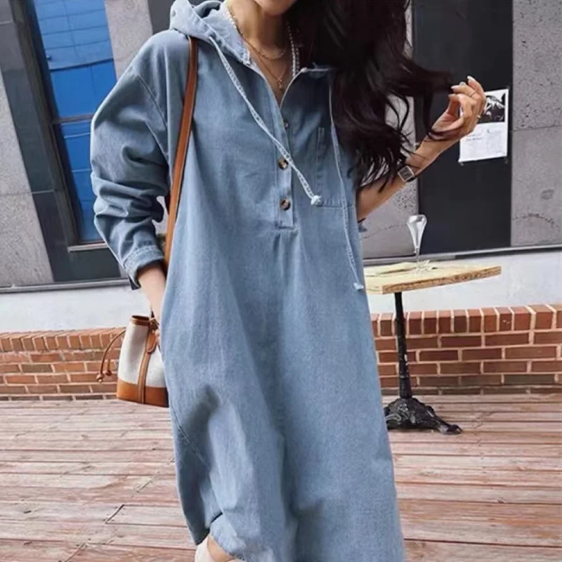 Korean Style Spring 2025 Long Sleeve Hooded Denim Dress Casual Max-Length Jeans Women\'s Fashion Robe Female Clothing K6206